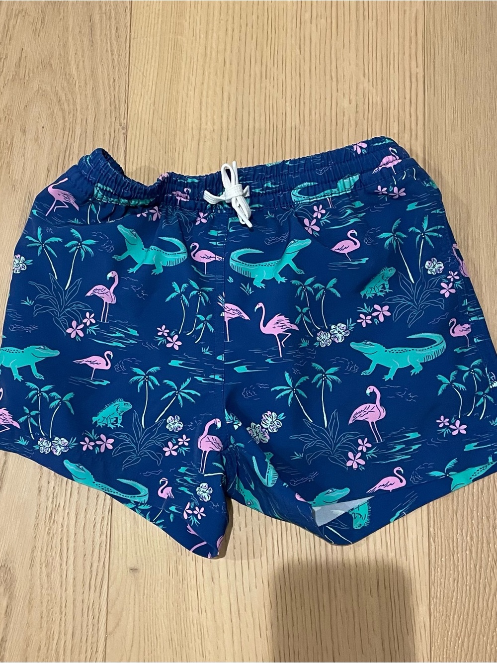 Chubbies Navy Swim Trunks with Pink Flamingos & Teal Alligators